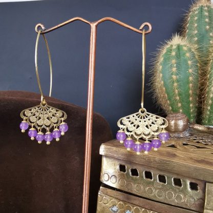 Boucles d'oreilles longues légères lotus améthyste
