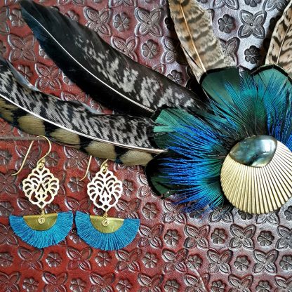 Boucles d'oreilles éventails florale bohême chic pétrole