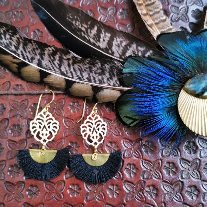 Boucles d'oreilles éventails florale bohême chic noire
