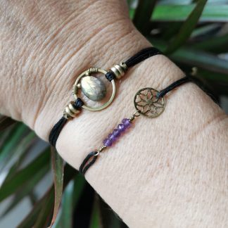 Bracelet cordon ethnique Labradorite Noir