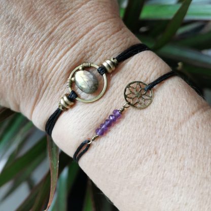 Bracelet cordon ethnique Labradorite Noir