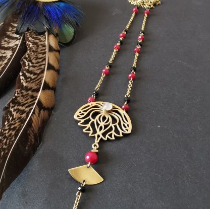collier jade rubis & pierre de lune lotus géométrie sacrée