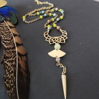 collier turquoise & peridot lotus géométrie sacrée