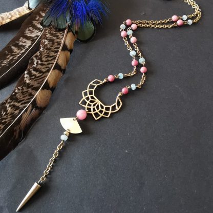 collier taille moyenne lotus géométrie sacrée calcedoine & rhodonite