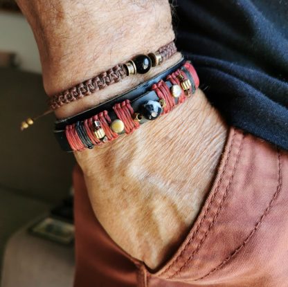 Bracelet homme cuir noir & bracelet macramé