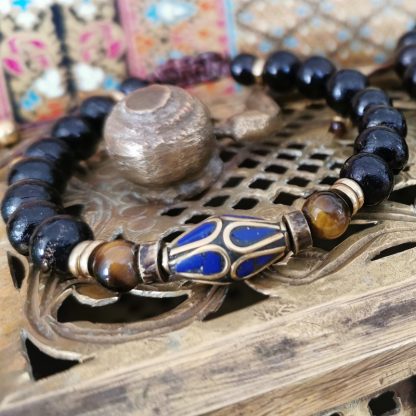 Bracelet femme mala spirit oeil de tigre & perle Nepalaise lapis
