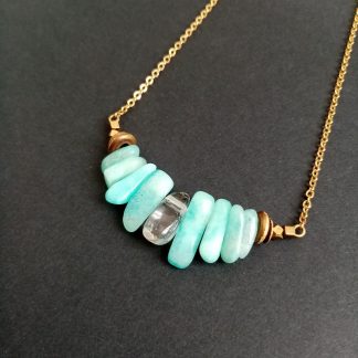 collier asymétrique amazonite cristal de roche acier inoxydable