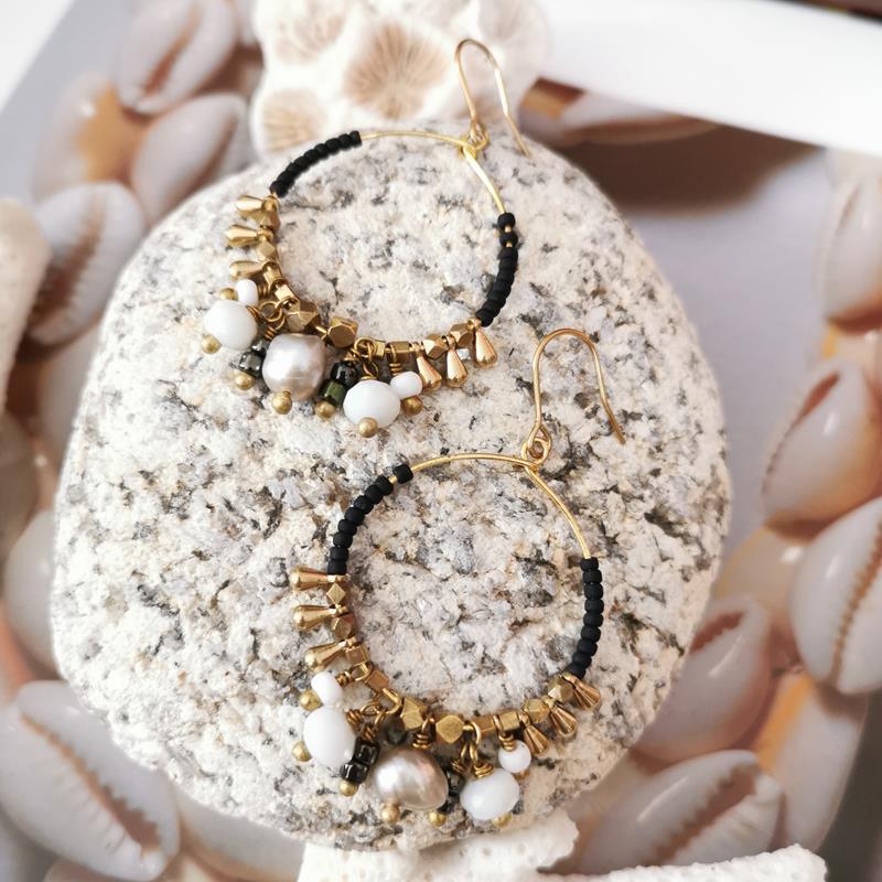 Boucles d'oreilles Perles blanche - créoles - Or jaune 9ct