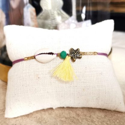 bracelet cauri coloré mauve & jaune