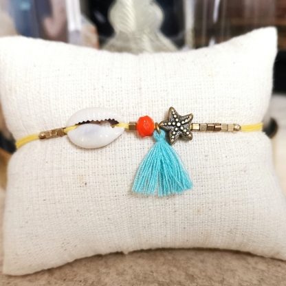 bracelet cauri coloré jaune & turquoise