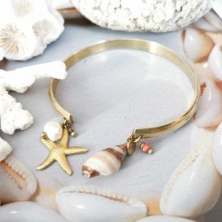 Bracelet jonc shells étoile de mer perle eau douce doré laiton réglable été details