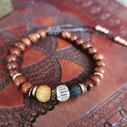 Bracelet mala marron homme pierre de lave os & bois