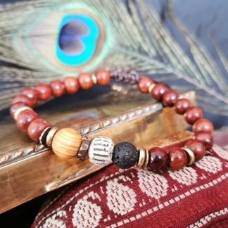 Bracelet mala marron homme pierre de lave os & bois