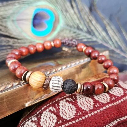 Bracelet mala marron homme pierre de lave os & bois