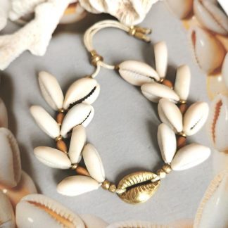 Bracelet Maliia cauris & bois, cordon blanc