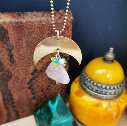 sautoir chaine divinity géométrique lune quartz rose
