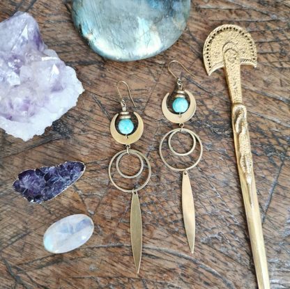 Longues boucles d'oreilles géométrique lune larimar