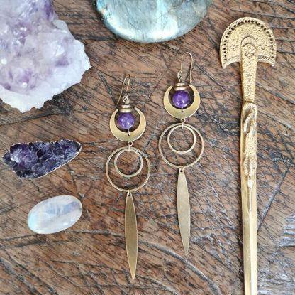 Longues boucles d'oreilles géométrique lune Améthyste