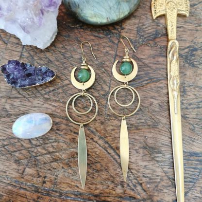 Longues boucles d'oreilles géométrique lune Aventurine