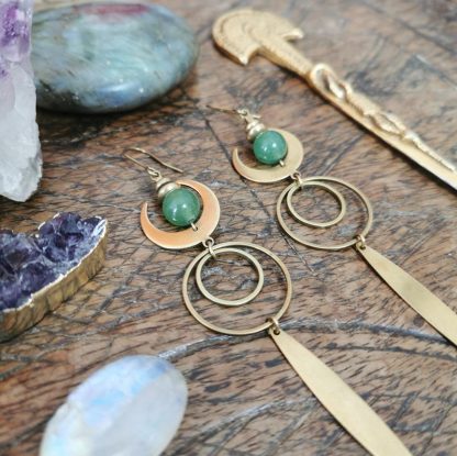Longues boucles d'oreilles géométrique lune aventurine