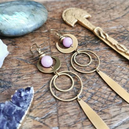 Longues boucles d'oreilles géométrique lune jade rose