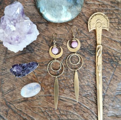 Longues boucles d'oreilles géométrique lune jade rose