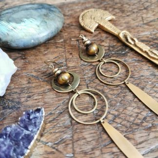 Longues boucles d'oreilles géométrique lune oeil de tigre
