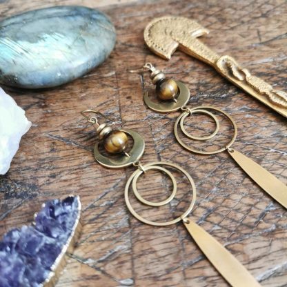 Longues boucles d'oreilles géométrique lune oeil de tigre