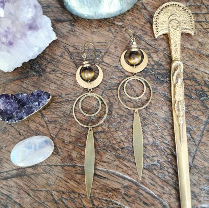 Longues boucles d'oreilles géométrique lune oeil de tigre