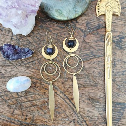 Longues boucles d'oreilles géométrique lune pierre de soleil