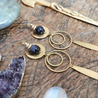 Longues boucles d'oreilles géométrique lune pierre de soleil
