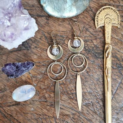 Longues boucles d'oreilles géométrique lune cristal de roche