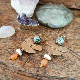 Boucles d'oreilles Cléopâtre cornaline & perle Népalaise turquoise