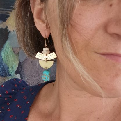 Boucles d'oreilles Cléopâtre Howlite blanche & tête de bouddha en howlite bleue