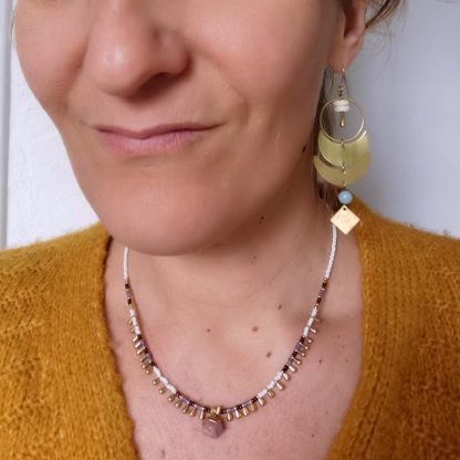 Grande boucles d'oreilles calcédoine clear moons et ras de cou