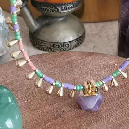 Ras de cou collier femme, Royal pendentif hexagonale améthyste