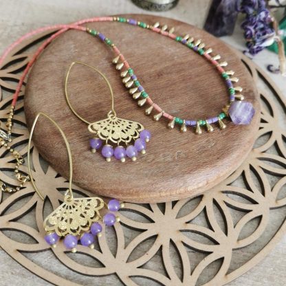 Ras de cou collier femme, Royal pendentif améthyste & boucles oreilles dentelles lotus