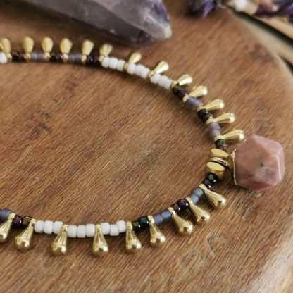 Ras de cou collier femme, Royal pendentif hexagonale rhodochrosite
