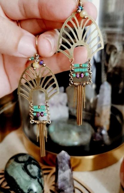 boucles oreilles divine medusa heishi verte cristal-longues bohème