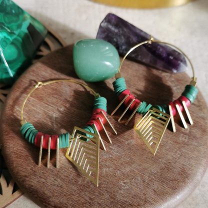 Boucles d'oreilles créoles chrysalis pampilles triangles, vert émeraude et rose rubis