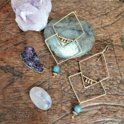 Grandes boucles d'oreilles géométriques, vintage, charisme, pierres fines, agate.