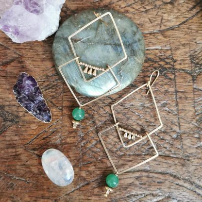 Grandes boucles d'oreilles géométriques, vintage, charisme, pierres fines, aventurine.