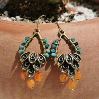 Boucles d'oreilles plumes de paon, Cornaline et zoïsite