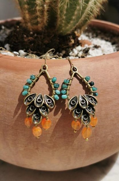 Boucles d'oreilles plumes de paon, Cornaline et zoïsite