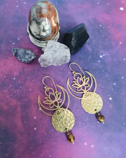 boucles oreilles, lotus, moon, œil de tigre