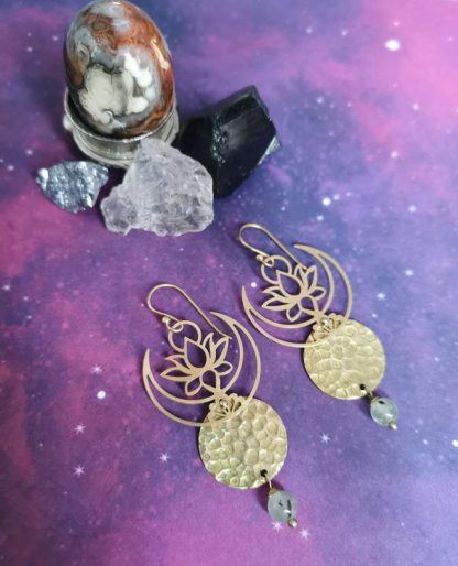 boucles oreilles, lotus, moon, prehnite