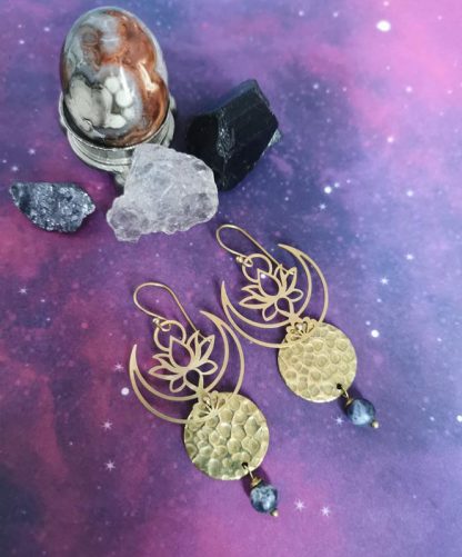 boucles oreilles, lotus, moon, sodalite